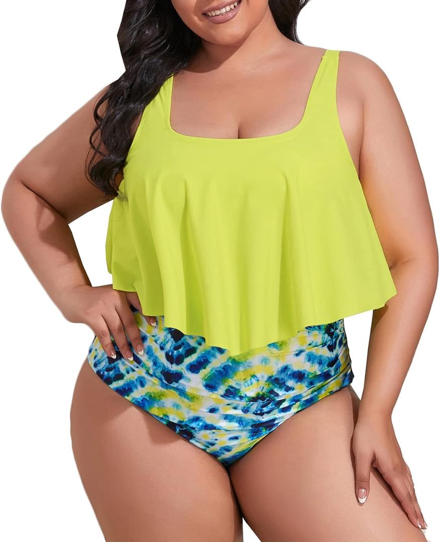 Mooncore Womens Plus Size Swimsuit High Waisted Tankini Bathing Suits Two Piece Flounce Bikini Swimsuit (Yellow), XL