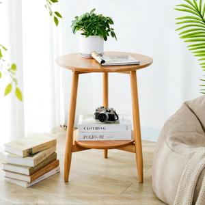 Side Table, Small Round End Table with 2-Tier Shelf, Solid Wood Nightstand for Living Room Bedroom, Mid Century Modern Accent Table for Small Spaces, Natural 19.49" D x 24.02" H
