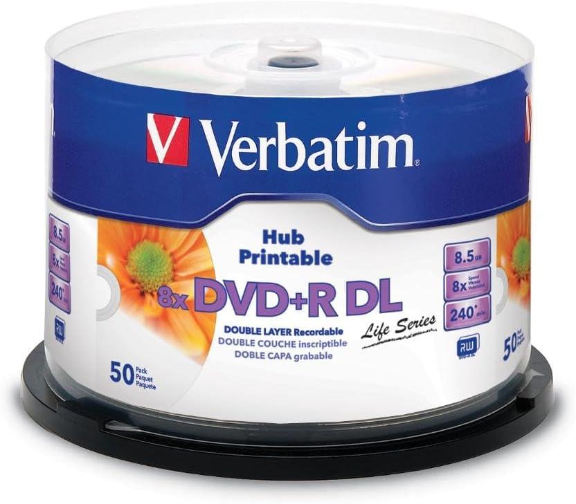 Verbatim DVD+R DL Double Layer 8.5GB 8X Life Series White Inkjet Hub Printable - 50 Pack Spindle