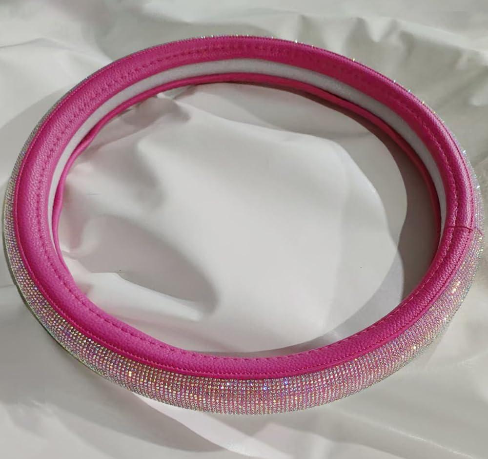 Car Accessories Pink Steering Wheel Cover for Women Rose Red Bling Sparkly Crystal Colorful Rhinestone 15 inch Girly Steering Wheel Protector