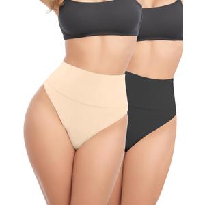 2 PACK Thong Shapewear Tummy Control, Shaping Seamless Underwear for Women, Body Shaper Tummy Control Panties Girdle (Large, Black Nude)