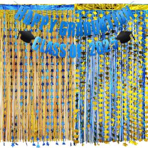 Yeaqee 9 Pack Class of 2025 Graduation Backdrop Curtain Decorations, 8 Pack Graduation Cap and Star Foil Fringe Curtain with 1 Grad Banner Grad Party Streamer Backdrop for Photo Booth(Blue Gold)