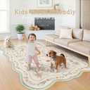 Scalloped Floral Rug 8x10, Sage Green Washable Large Area Rug for Bedroom, Non Slip Low Pile Cottagecore Rug for Living Room, Girls Room, Dorm, or Reading Nook Green Beige