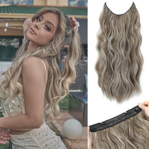 Halo Hair Extensions 20 Inch Invisible Wire Secret Hairpieces with Adjustable Size Transparent Headband 4 Secure Clips Long Curly Wavy Hair Extensions(20 Inch, Light Ash Brown with Blonde Highlights)