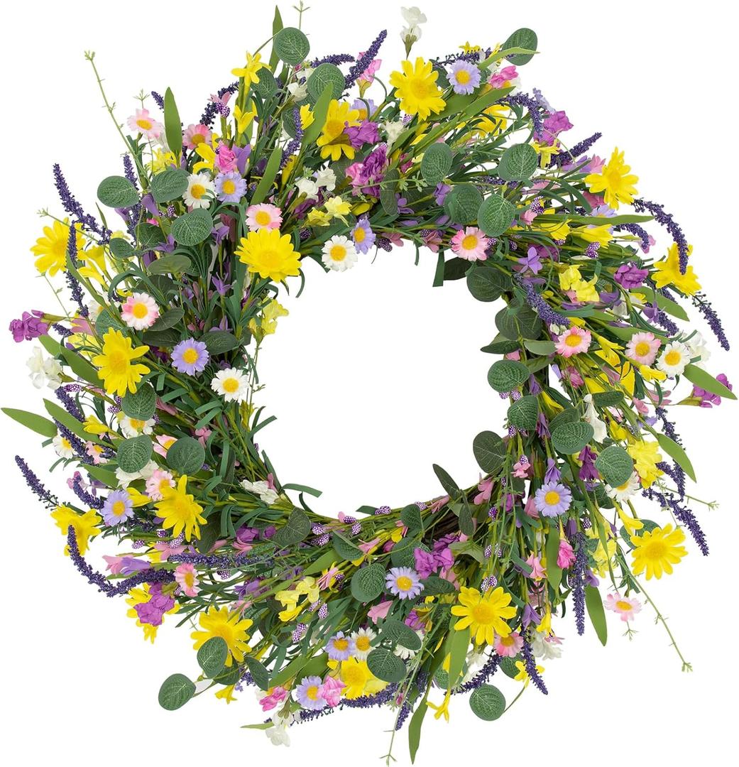 LLZLL Spring Decorations for Home 22" Spring Wreath Artificial Summer Wreaths with Eucalyptus Leaf Lavender and Daisy for Easter Indoor Outdoor Home Festival Celebrations (Multicolor-1)
