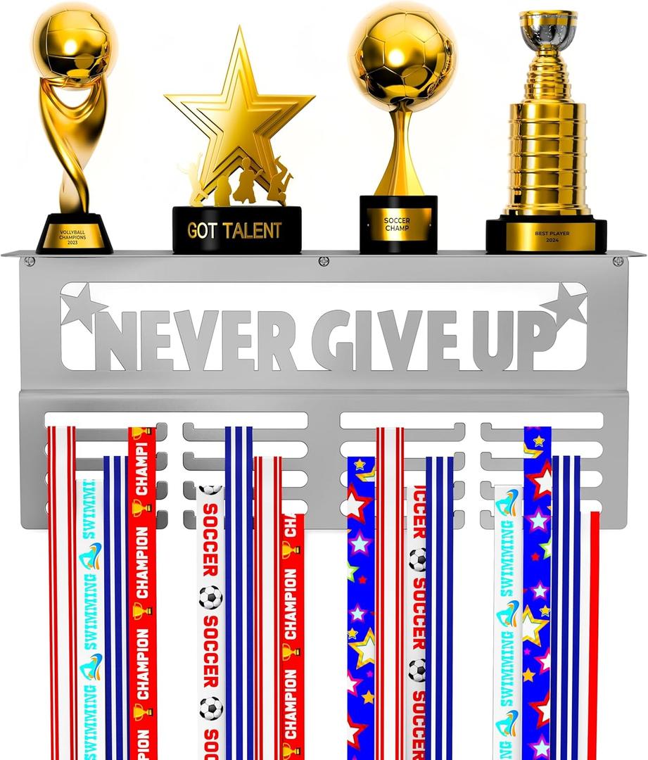 Medal Hanger Display with Trophy Shelf - Metal Awards Rack for Walls Holds 64+ Sports Medals- Our Never Give Up 16" Medal Holder Awards Trophy Display