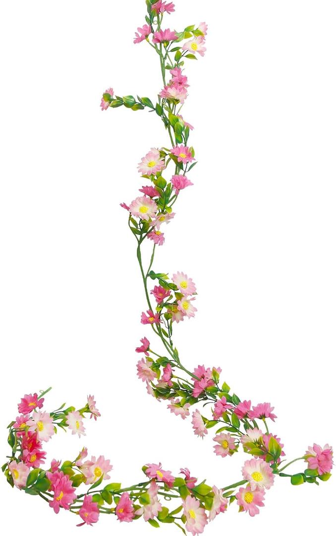CISDUEO Artificial Daisy Flowers Vine Silk Wildflower Garland Spring Fake Flower Vine Hanging Ivy Pink Daisy Flowers Plastic Green Leaves for Mantle Wall Party Wedding Arch Floral Decor Indoor Outdoor