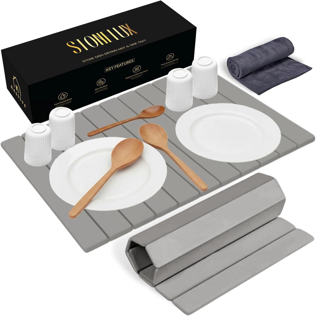 Large Stone Dish Drying Mat for Kitchen Counter, 24"x16", Fast Drying Collapsible, Diatomaceous Earth Mat, Super Absorbent Folding Mat for Dishes, Bottles, Glass, Heat-Resistant, Non-Slip (Light Gray)