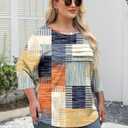 LOMON Plus Size Women Blouses 3/4 Length Sleeve Tops Crewneck Pleated Casual Tees Shirts 1X-5X (Blanket Print)
