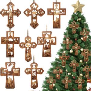 BBTO 16 Pcs Christmas Nativity Scene Cross Ornaments Religious Wooden Hanging 3D Ornament Christmas The Birth of Jesus Christian Cross Decorations for Tree Xmas