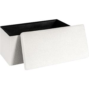 30 Inch Storage Ottoman Bench, Boucle Folding Ottoman Footstool, Rectangular Sherpa Footrest Storage Bench for Bedroom, Living Room, Entryway, Dorm, White, 30"D x 15"W x 15"H