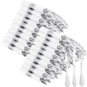 400PCS Pre Rolled Silver Plastic Silverware Sets - Heavy Duty Fancy Silver Cutlery - Include 100 Pack Wrapped Disposable Utensils with Napkins for Parties, Dinners & Weddings