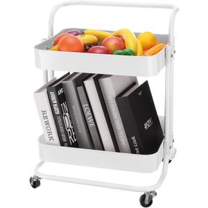 uxcell 2 Tier Rolling Cart,Rolling Storage Cart with Handle and Lockable Wheels Kitchen Cart, Storage Trolley Organizer Cart for Living Room, White
