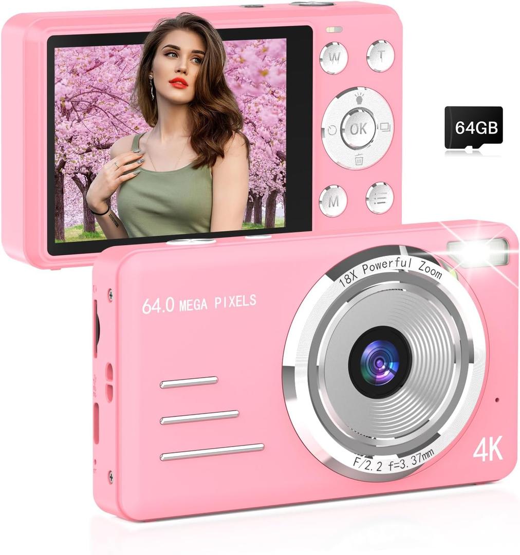 Digital Camera, FHD 4K 64MP Point and Shoot Kids Digital Camera with 64GB Card,18X Zoom, Anti Shake, Compact Small Cameras for Kids Gifts for Teens Girls Boys