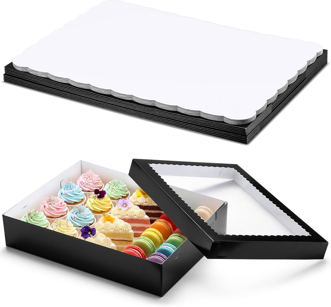 Sinload 10 Pcs Half Sheet Cake Box with Window & Board, Black, 19x14x4 Inch