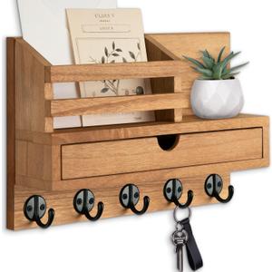Key Holder Wall Mount, Mail Holder with Storage Drawer and 5 Key Hooks for Coat, Dog Leash, Home Decor Rack, House Accessories, Entry Way Organizer (Wood) (Standard - 11.8 Inch)