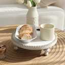 SwallowLiving Rustic White Round Wood Tray Riser Farmhouse Pedestal Stand with Beaded Edge for Decor Whitewash Finish Wooden Cupcake Display for Cakes and Decorative Items 11.8 inches