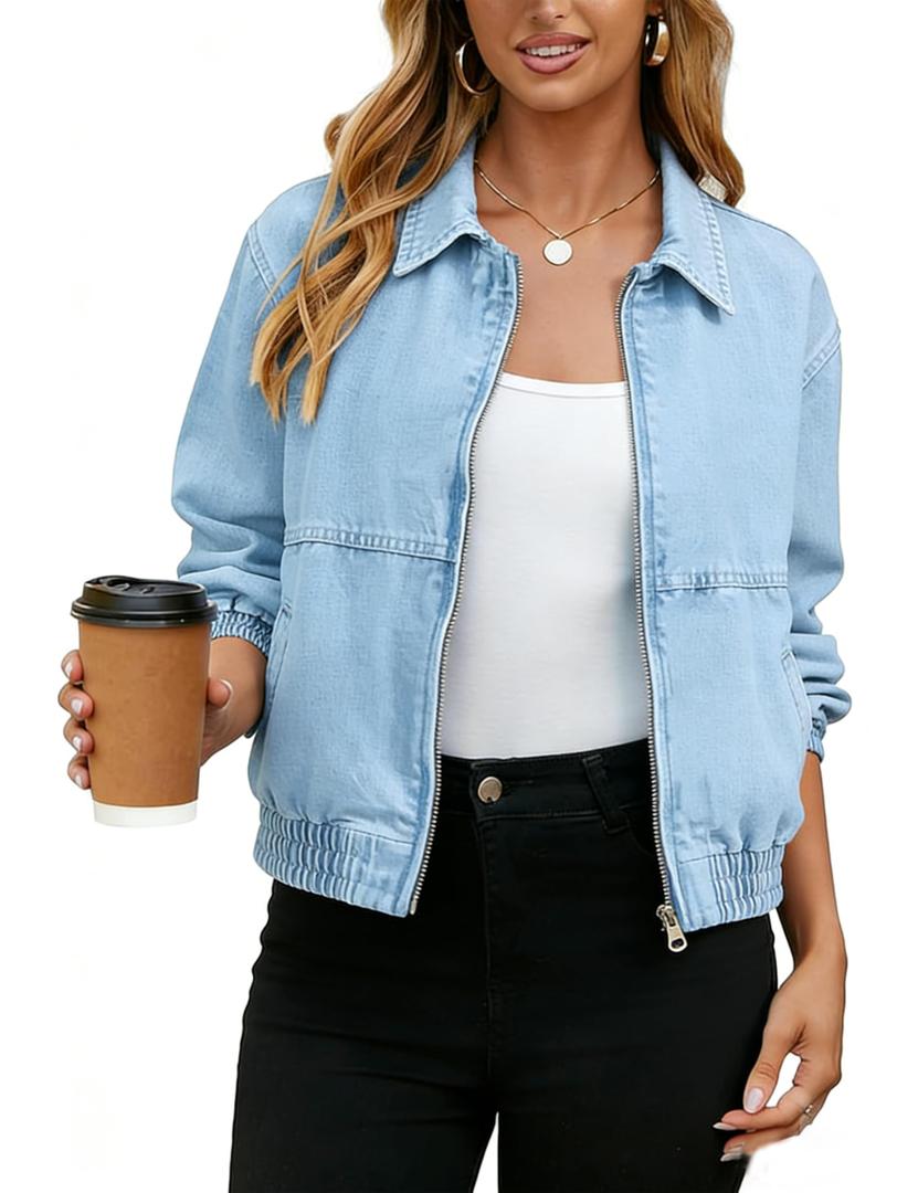 Yeokou Women's Cropped Zip Up Denim Bomber Jacket Elastic Hem Cuffs Stretch Jean Coat for Casual Daily & Commute M