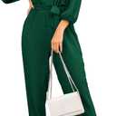 PRETTYGARDEN Women's Fall Jumpsuits Dressy Casual Pants Romper Spring Long Sleeve V Neck Belt Pockets One Piece Outfits (X-Large, Dark Green)