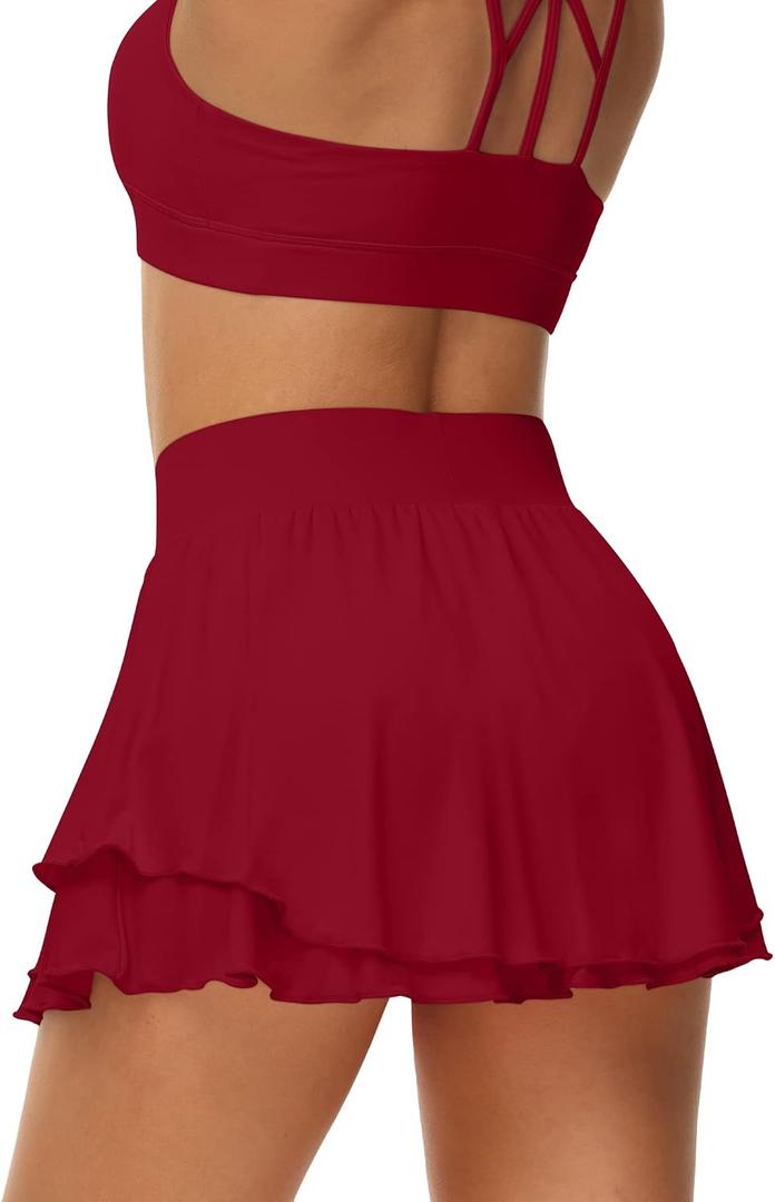 UrKeuf Women's Athletic Tennis Skirts with Pockets 13in Ruffle Golf Running Workout Ice Silk Flowy Skorts with Sports Shorts (Red, M)