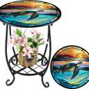 Outdoor Side Table Round Small Mosaic Patio Accent Indoor End Plant Metal Coffee Tea Table for Yard Porch Garden Patio Living Room, Bedroom (Turtle Style, 14 Inch)