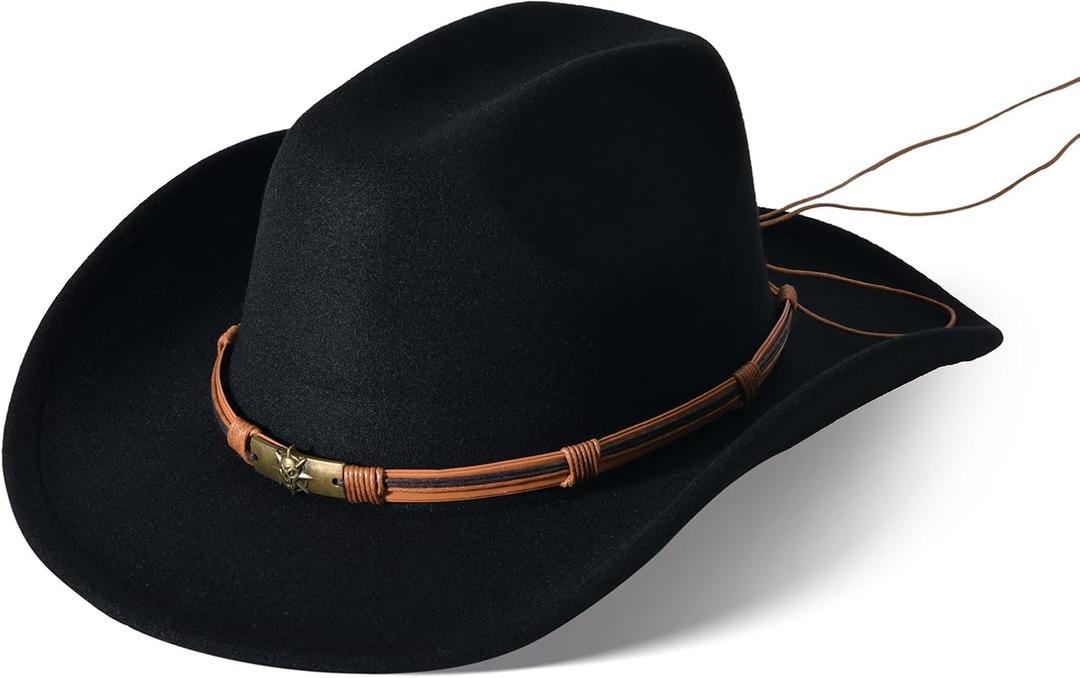 Wide Brim Cowgirl Hat Men Large Wide Brim Cowboy Hats for Women with Buckle Belt Classic Cowboy Outfits (Black)