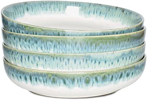 Bosmarlin Stoneware Large Pasta Bowls, 40 Oz, Set of 4, Big Salad Bowls, Microwave and Dishwasher Safe (Light Turquoise Green, 9.3 in)