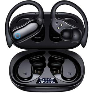GNMN Ear Buds Wireless Earbuds 96hrs Playback Bluetooth Headphones IPX7 Waterproof Stereo Bass OverEar Earphones with Earhooks Microphone LED Battery Display for Sports/Workout/Gym/Running Black