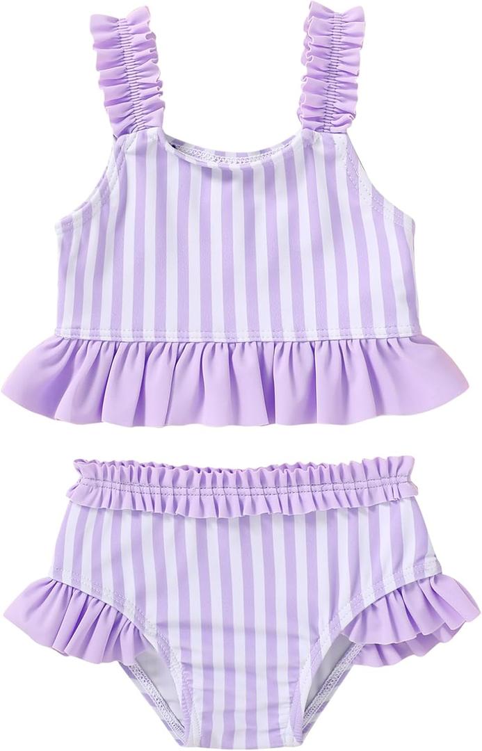 Happy Town Baby Infant Swimsuit Girl Toddler Bathing Suit Girl Summer Beach Bikini Tankini 2-Piece Swimwear (2-3T,Purple-and-White Stripes)