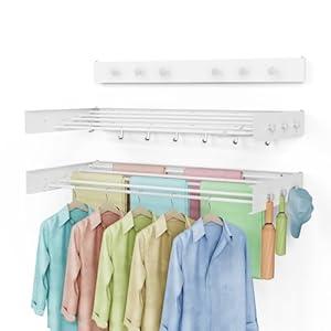 Drying Rack Clothing, Clothes Drying Rack Wall Mounted, Laundry Drying Rack Wall Mount, Foldable, Collapsible, 60 lb Capacity 5 Aluminium Poles with 12 Hooks, Space Saving Clothes Drying Rack, White 40"