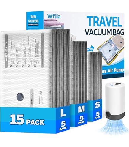 Wfiia 15 Packs Vacuum Bags for Travel with Rechargeable Pump, 3 Sizes Vacuum Seal Bags for Clothing, Compression Vacuum Travel Bags for Luggage, Vacuum Packing Bags for Closet Organization