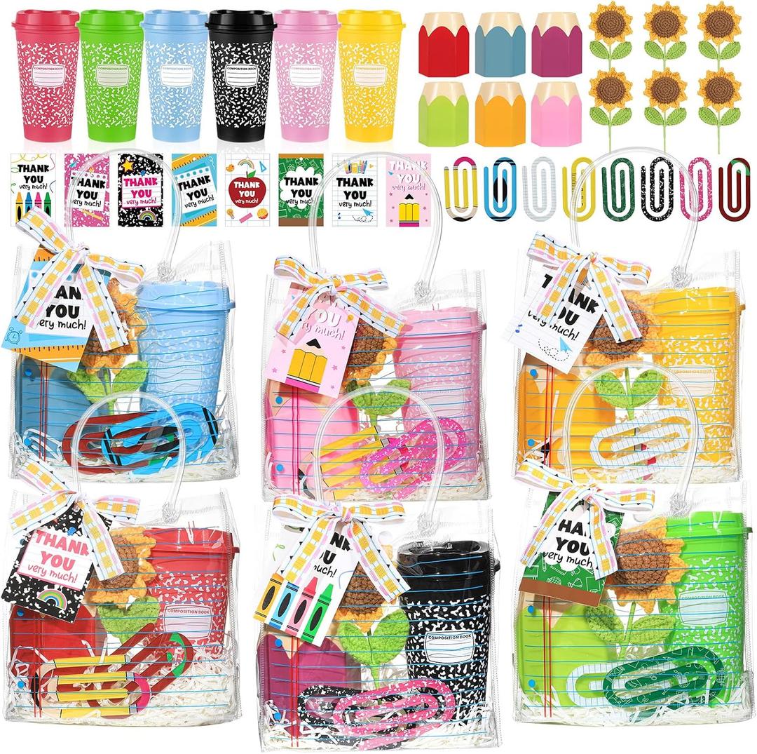 6 Sets Teacher Appreciation Gifts Bulk Include Clear Gift Bags Reusable Coffee Cups Pencil Holders Jumbo Paper Clips Back to School Thank You Gifts for Women Employee Coworkers Birthday Gift Basket