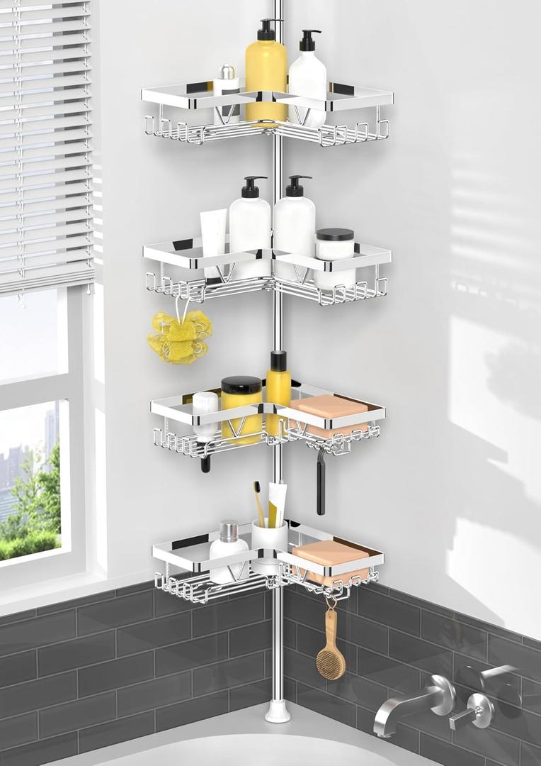 KEGII Corner Shower Caddy Tension Pole, Bathroom Storage Shelf, Chrome | Stainless Steel Design with Soap Holders and Hooks, Adjustable Height for Renters, Apartments and Family Bathrooms