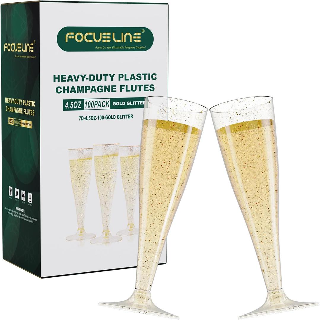 FOCUSLINE 100 Pack Plastic Champagne Flutes, 4.5 Oz Gold Glitter Plastic Champagne Glasses, Disposable Clear Toasting Glasses Recyclable Cups for Wedding Party