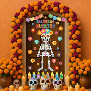Pasimy Day of The Dead Bulletin Board Set Colorful Sugar Skull Classroom Decorations Mexican Dia De Los Muertos Cutouts with 3D Paper Flowers for Door Wall Decor Fiesta Halloween Party (Fashion)