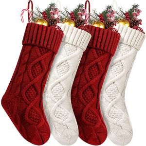 4 Pack Christmas Stockings 18 Inches Large Size Cable Knitted Stocking Gifts & Decorations for Family Holiday Xmas Party, Ivory White and Burgundy