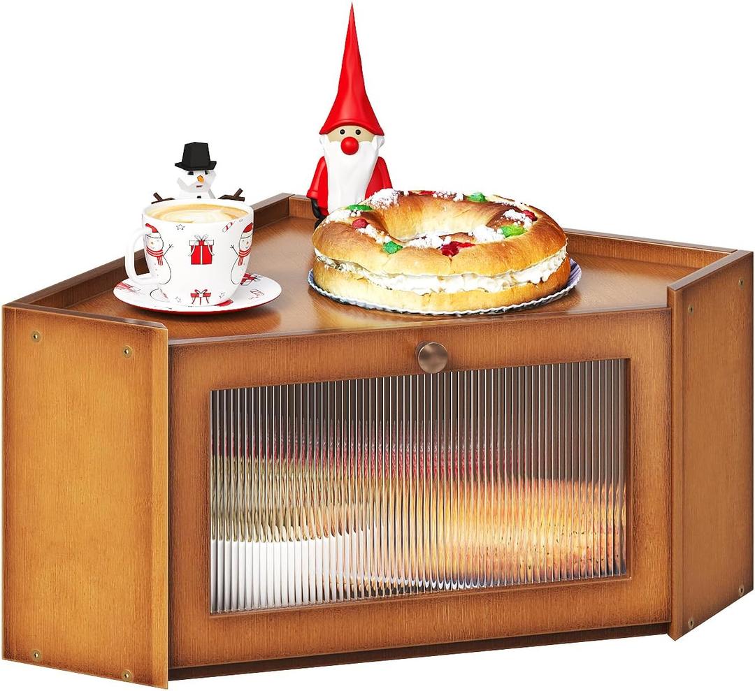 Corner Bamboo Bread Box for Kitchen Counter Large Capacity Rustic Bread Storage Container with Wavy Arcylic Transparent Door Vintage Storage for Homemade Bread (Brown)