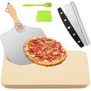 Pizza Stone 5 PCS Set, 15 x 12" Large Rectangle Pizza Stone Set for Oven and Grill with Metal Pizza Peels & Cutter Rocker, 0.6'' Thickened Stone Pizza Pan, Baking Stone for Pizza, Bread