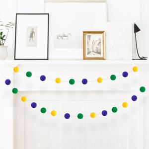Mardi Gras Felt Ball Garlands Purple Green Gold Pom Pom Garland for Mardi Gras Theme Celebration Holiday Party Indoor Outdoor Decor (Two)