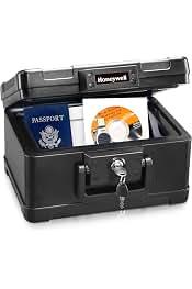 Honeywell Safes & Door Locks - Small Safe Box Chest for Home - Fireproof Safe Holds #10 Envelopes, USB Flash - Strong ABS Plastic - Document, Money Safe with Key Lock System - 0.15 CU, Black - 1101