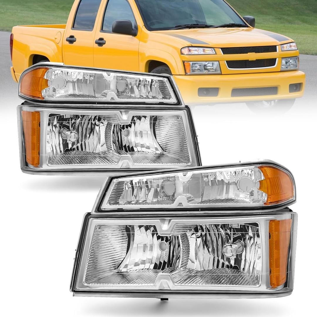 AS Headlights Assembly Compatible with 2004 2005 2006 2007 2008 2009 2010 2011 2012 Chevy Colorado/GMC Canyon, 2006-2008 ISUZU I-Series, Chrome Housing Amber Reflector, Pair