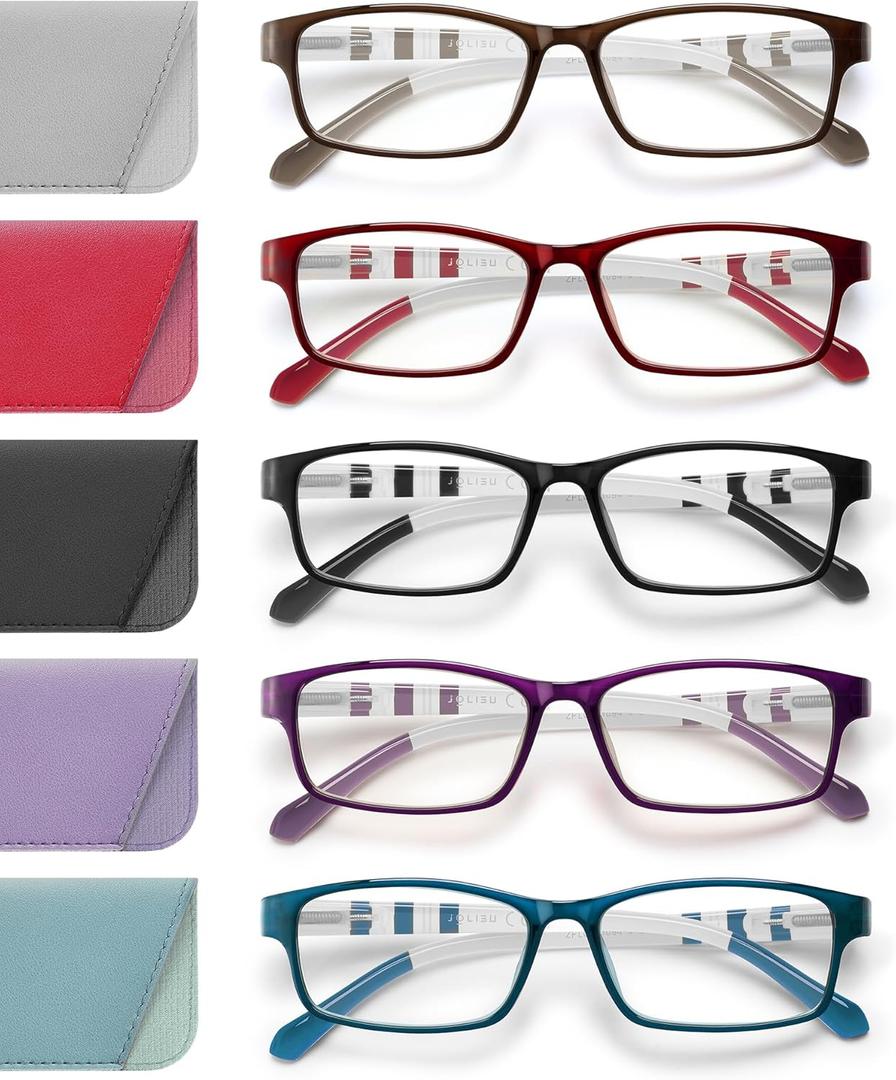 JOLISU Reading Glasses for Women: 5 Pack Blue Light Blocking Readers for Small Face, Lightweight Spring Hinge Anti-Glare (Brown+Red+Black+Purple+Blue)