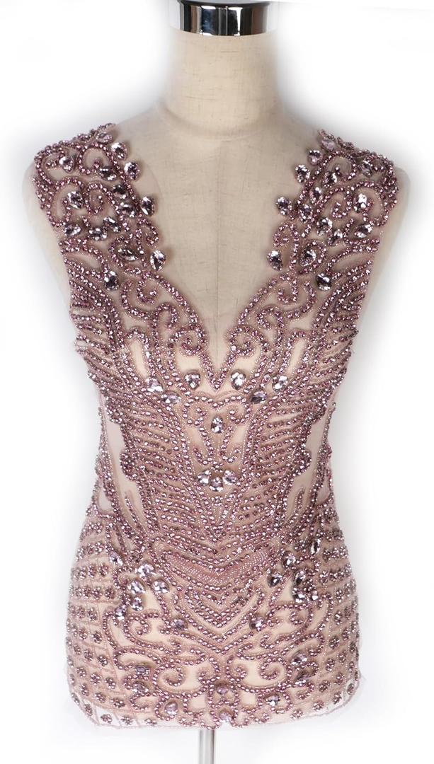 New Pink Rhinestones Beads Bodice Applique Handmade Beaded Applique Patch for Dress Cloth 16.5"*29.5" by Piece (Pink) (Pink-23002)