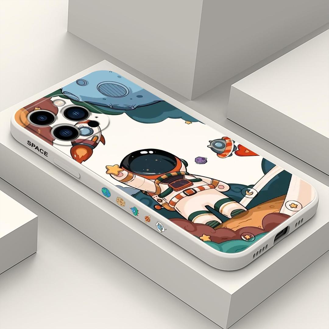 for iPhone 13 Pro Case Flower Butterfly Cute Astronaut Design Phone Cover Soft Microfiber Lining Slim Liquid Silicone Phone Case 13 Pro-Astronaut White