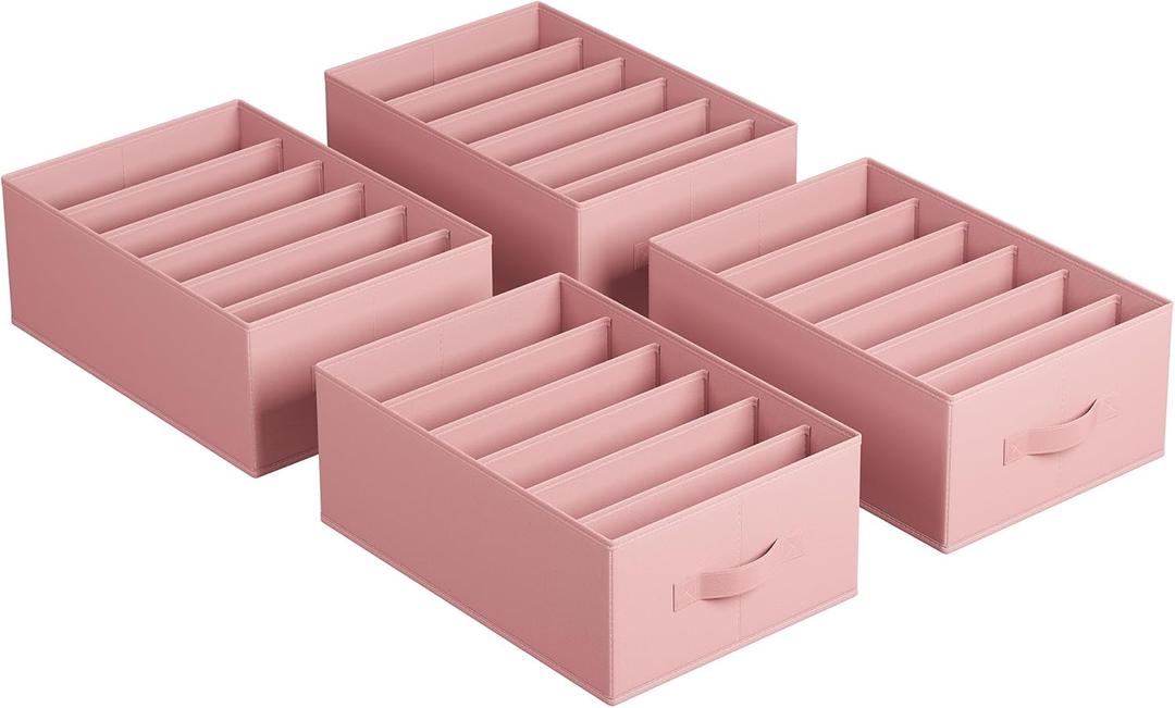 SONGMICS Set of 4 Large Size Wardrobe Clothes Organizers, 6-Compartment Foldable Drawer Organizers with Handles, 16.5 x 11.8 x 6.7 Inches, for Pants, Sweaters, Jeans, Jelly Pink URUS009R01