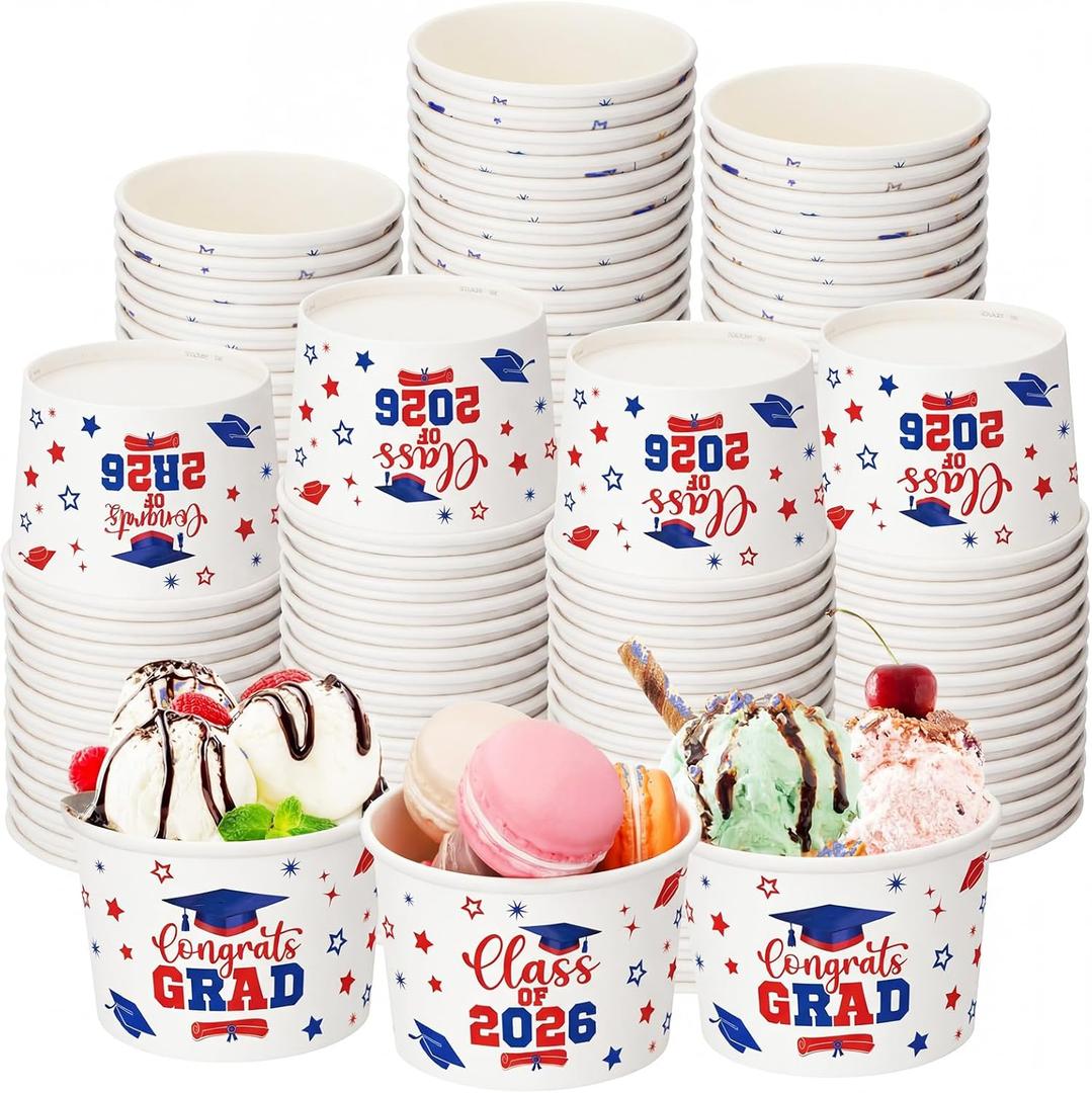 Nuanchu 100 Pack 9 oz Graduation Ice Cream Cups, Congrats Grad Disposable Dessert Bowls, Class 2026 Paper Snack Soup Cups for Hot or Cold Food Graduate Party Supplies(Graduation 2026,Red Blue)