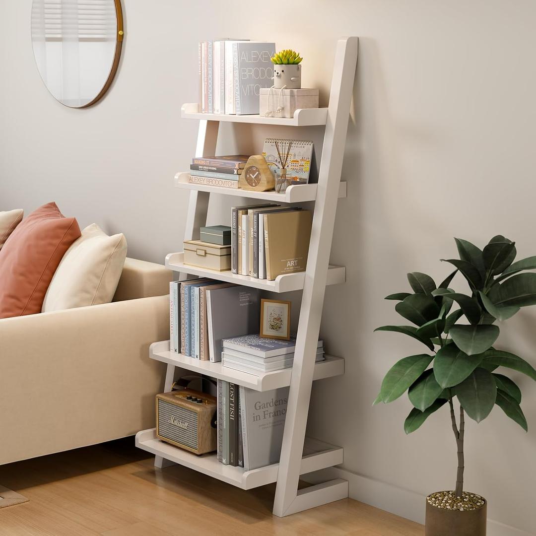 AQIMUELE White Wooden Ladder Shelf with Edges, 5-Tier Modern Leaning Bookshelf Ladder – Stylish Space-Saving Bookcase for Living Room, Bedroom & Home Office