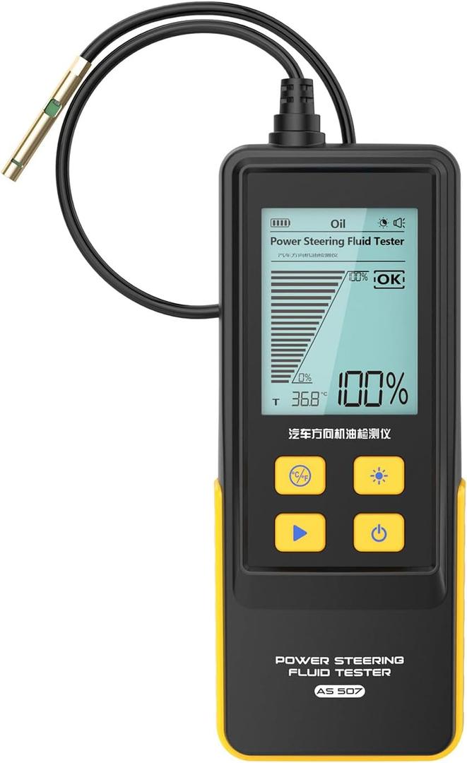 AS507 Power Steering Fluid Tester, Digital Optical Transmittance Tester with 350mm Flexible PTFE Probe & 2.8" Backlit LCD, Displays C/F Temperature for Car Diagnostic Check