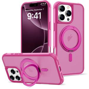 for iPhone 16 Pro Max Case with 360 Rotatable Magnetic Ring Stand [Compatible Mag-Safe] [Military Grade Protection] Translucent Phone Cases for Women Men 6.9'', Rose Red