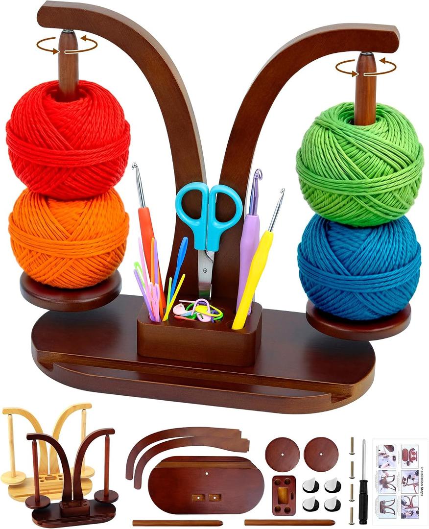 FIVEIZERO Double Magnetic Yarn Holder for Crocheting and Knitting, 360 Rotating Wooden Yarn Spinner with Phone Stand & Magnetic Storage Box, Mother's Day Gift for Knitting Lovers (Walnut Brown)
